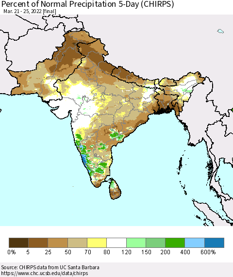 Southern Asia Percent of Normal Precipitation 5-Day (CHIRPS) Thematic Map For 3/21/2022 - 3/25/2022