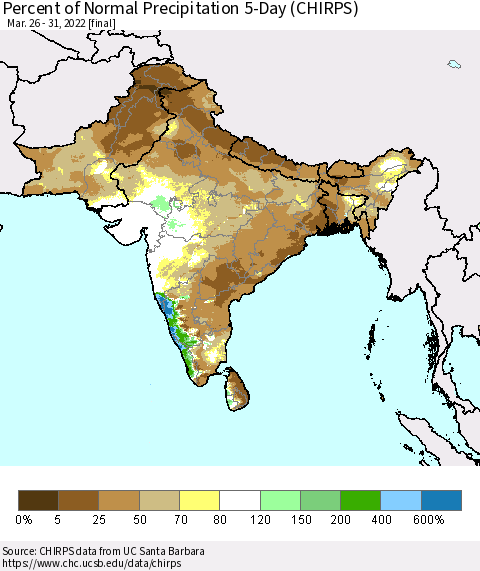 Southern Asia Percent of Normal Precipitation 5-Day (CHIRPS) Thematic Map For 3/26/2022 - 3/31/2022