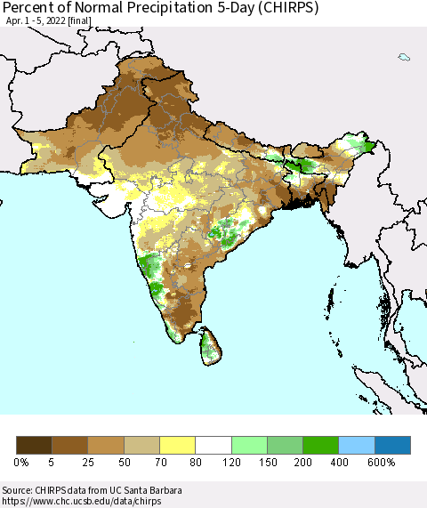 Southern Asia Percent of Normal Precipitation 5-Day (CHIRPS) Thematic Map For 4/1/2022 - 4/5/2022