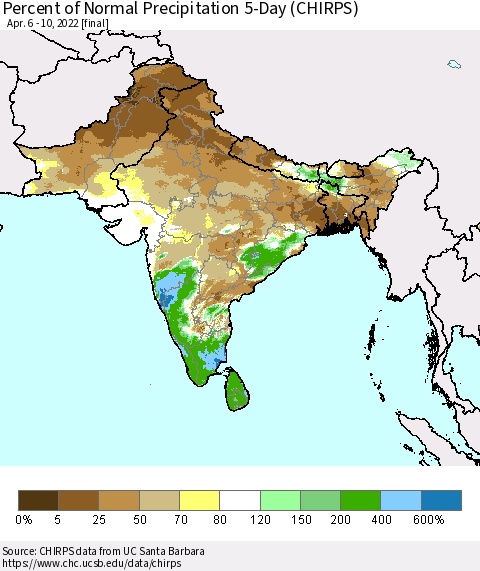 Southern Asia Percent of Normal Precipitation 5-Day (CHIRPS) Thematic Map For 4/6/2022 - 4/10/2022