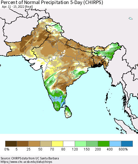 Southern Asia Percent of Normal Precipitation 5-Day (CHIRPS) Thematic Map For 4/11/2022 - 4/15/2022
