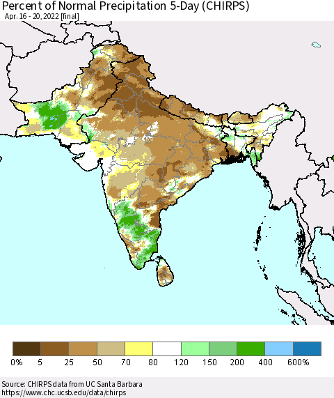 Southern Asia Percent of Normal Precipitation 5-Day (CHIRPS) Thematic Map For 4/16/2022 - 4/20/2022