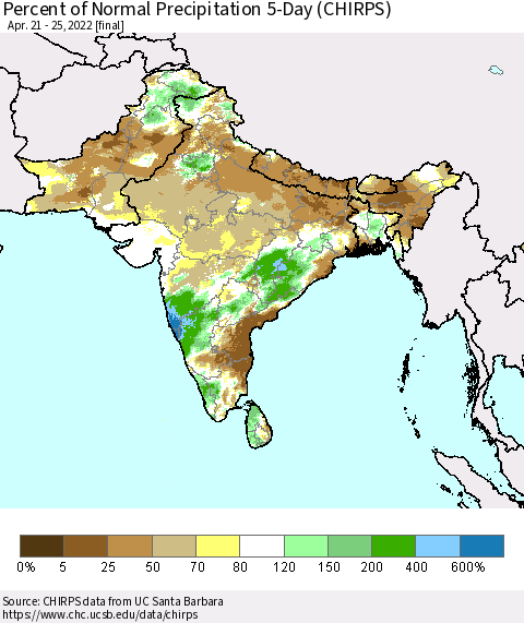 Southern Asia Percent of Normal Precipitation 5-Day (CHIRPS) Thematic Map For 4/21/2022 - 4/25/2022