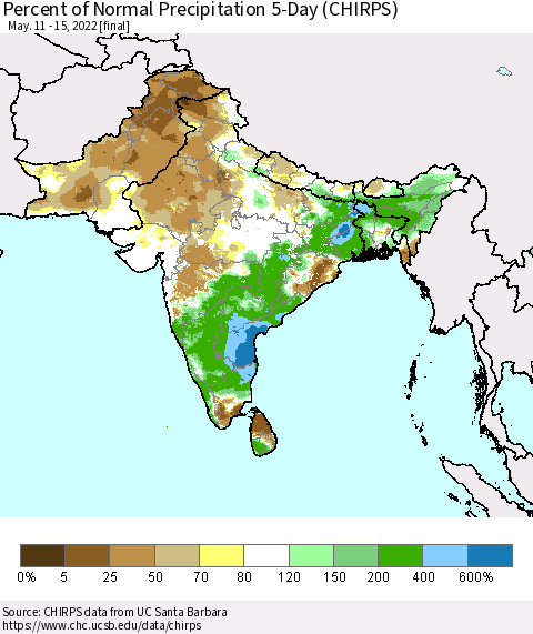 Southern Asia Percent of Normal Precipitation 5-Day (CHIRPS) Thematic Map For 5/11/2022 - 5/15/2022