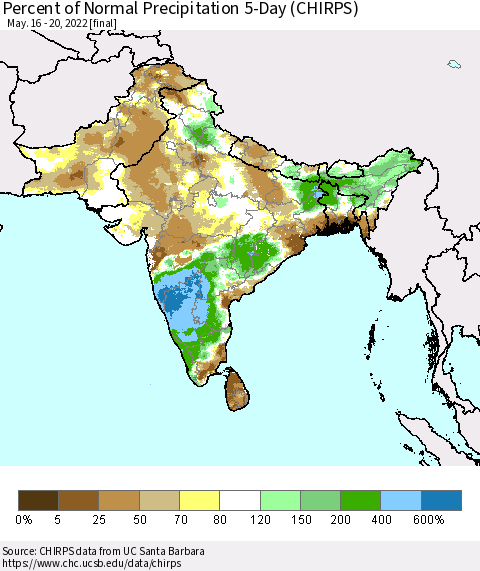 Southern Asia Percent of Normal Precipitation 5-Day (CHIRPS) Thematic Map For 5/16/2022 - 5/20/2022