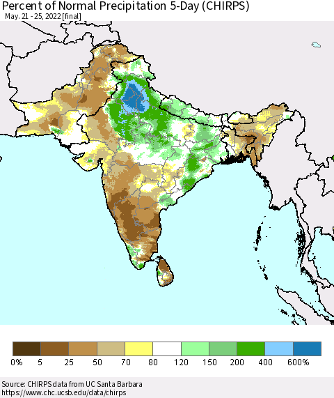 Southern Asia Percent of Normal Precipitation 5-Day (CHIRPS) Thematic Map For 5/21/2022 - 5/25/2022