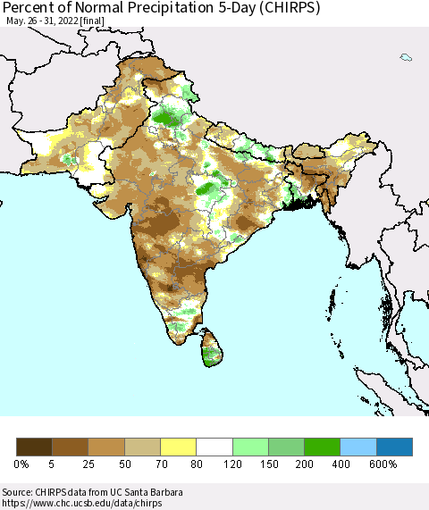 Southern Asia Percent of Normal Precipitation 5-Day (CHIRPS) Thematic Map For 5/26/2022 - 5/31/2022