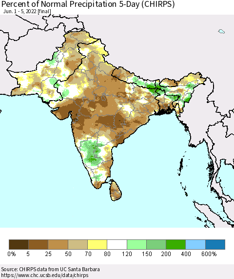 Southern Asia Percent of Normal Precipitation 5-Day (CHIRPS) Thematic Map For 6/1/2022 - 6/5/2022
