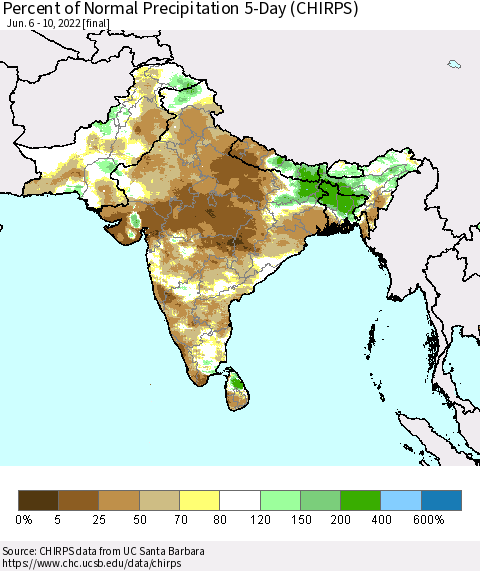 Southern Asia Percent of Normal Precipitation 5-Day (CHIRPS) Thematic Map For 6/6/2022 - 6/10/2022