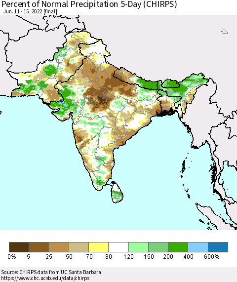 Southern Asia Percent of Normal Precipitation 5-Day (CHIRPS) Thematic Map For 6/11/2022 - 6/15/2022