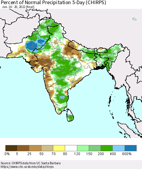 Southern Asia Percent of Normal Precipitation 5-Day (CHIRPS) Thematic Map For 6/16/2022 - 6/20/2022