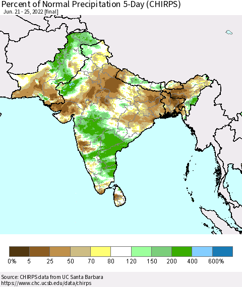 Southern Asia Percent of Normal Precipitation 5-Day (CHIRPS) Thematic Map For 6/21/2022 - 6/25/2022