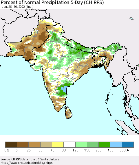 Southern Asia Percent of Normal Precipitation 5-Day (CHIRPS) Thematic Map For 6/26/2022 - 6/30/2022