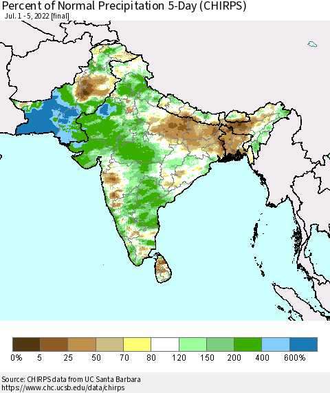 Southern Asia Percent of Normal Precipitation 5-Day (CHIRPS) Thematic Map For 7/1/2022 - 7/5/2022