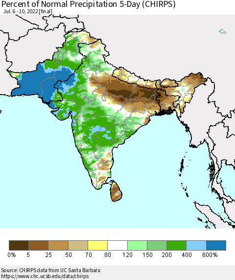 Southern Asia Percent of Normal Precipitation 5-Day (CHIRPS) Thematic Map For 7/6/2022 - 7/10/2022