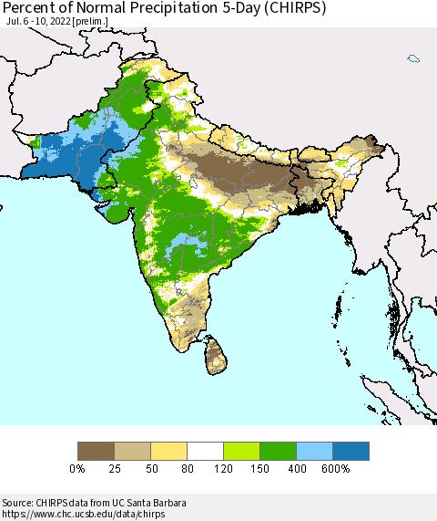 Southern Asia Percent of Normal Precipitation 5-Day (CHIRPS) Thematic Map For 7/6/2022 - 7/10/2022