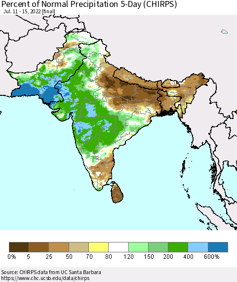 Southern Asia Percent of Normal Precipitation 5-Day (CHIRPS) Thematic Map For 7/11/2022 - 7/15/2022