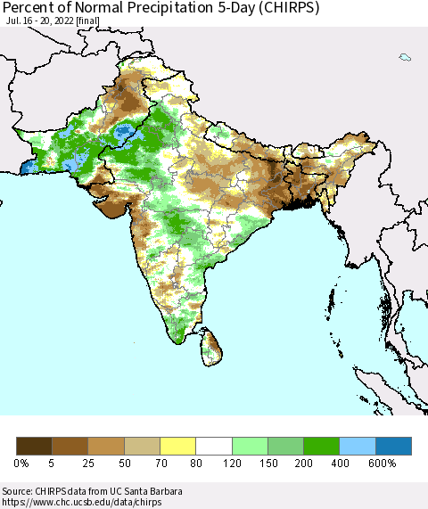 Southern Asia Percent of Normal Precipitation 5-Day (CHIRPS) Thematic Map For 7/16/2022 - 7/20/2022