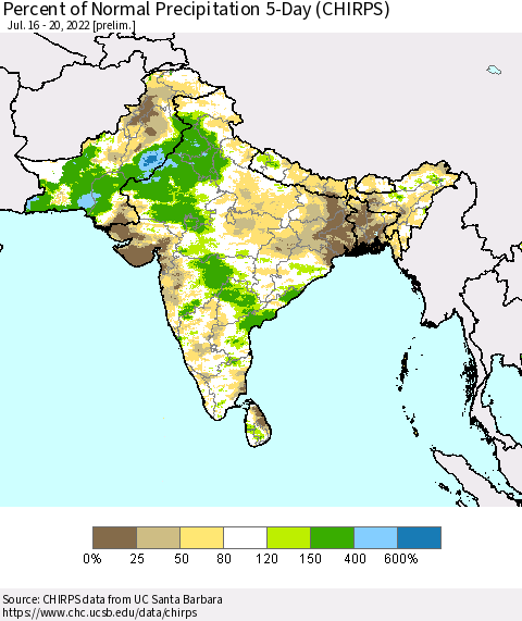 Southern Asia Percent of Normal Precipitation 5-Day (CHIRPS) Thematic Map For 7/16/2022 - 7/20/2022