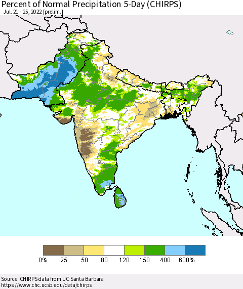 Southern Asia Percent of Normal Precipitation 5-Day (CHIRPS) Thematic Map For 7/21/2022 - 7/25/2022