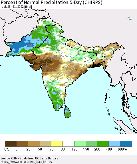 Southern Asia Percent of Normal Precipitation 5-Day (CHIRPS) Thematic Map For 7/26/2022 - 7/31/2022