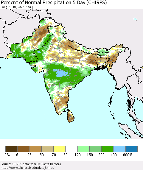 Southern Asia Percent of Normal Precipitation 5-Day (CHIRPS) Thematic Map For 8/6/2022 - 8/10/2022