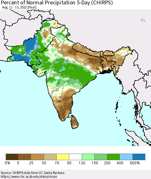 Southern Asia Percent of Normal Precipitation 5-Day (CHIRPS) Thematic Map For 8/11/2022 - 8/15/2022
