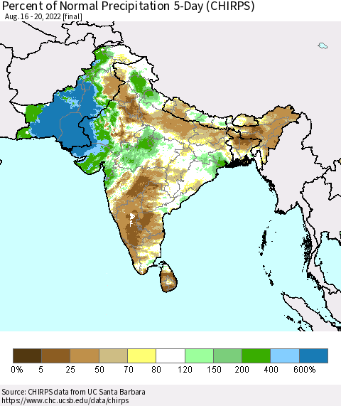 Southern Asia Percent of Normal Precipitation 5-Day (CHIRPS) Thematic Map For 8/16/2022 - 8/20/2022