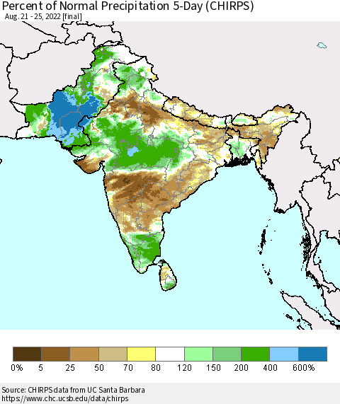 Southern Asia Percent of Normal Precipitation 5-Day (CHIRPS) Thematic Map For 8/21/2022 - 8/25/2022