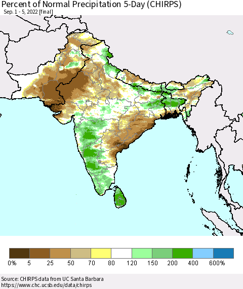 Southern Asia Percent of Normal Precipitation 5-Day (CHIRPS) Thematic Map For 9/1/2022 - 9/5/2022