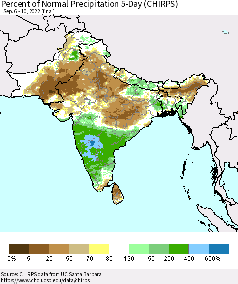 Southern Asia Percent of Normal Precipitation 5-Day (CHIRPS) Thematic Map For 9/6/2022 - 9/10/2022