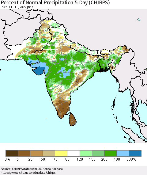 Southern Asia Percent of Normal Precipitation 5-Day (CHIRPS) Thematic Map For 9/11/2022 - 9/15/2022