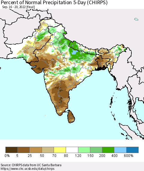 Southern Asia Percent of Normal Precipitation 5-Day (CHIRPS) Thematic Map For 9/16/2022 - 9/20/2022