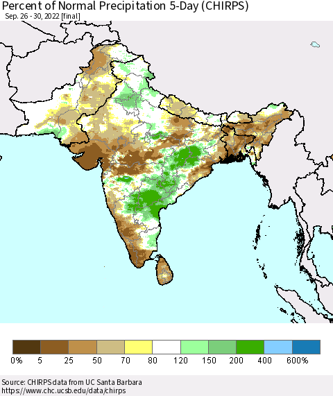 Southern Asia Percent of Normal Precipitation 5-Day (CHIRPS) Thematic Map For 9/26/2022 - 9/30/2022