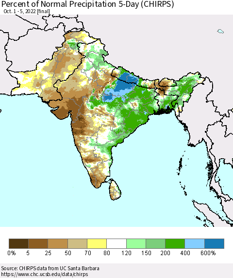 Southern Asia Percent of Normal Precipitation 5-Day (CHIRPS) Thematic Map For 10/1/2022 - 10/5/2022