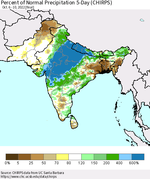 Southern Asia Percent of Normal Precipitation 5-Day (CHIRPS) Thematic Map For 10/6/2022 - 10/10/2022