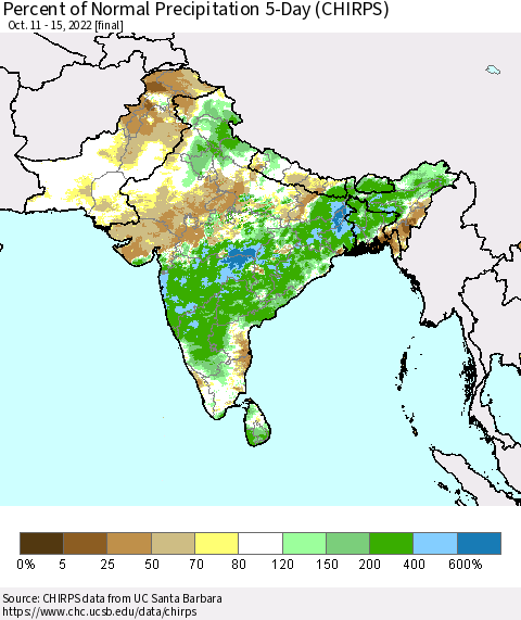 Southern Asia Percent of Normal Precipitation 5-Day (CHIRPS) Thematic Map For 10/11/2022 - 10/15/2022