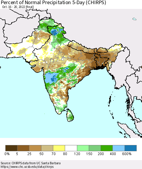 Southern Asia Percent of Normal Precipitation 5-Day (CHIRPS) Thematic Map For 10/16/2022 - 10/20/2022