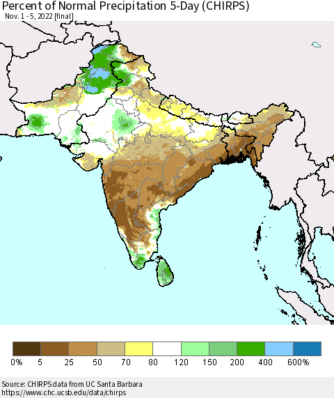 Southern Asia Percent of Normal Precipitation 5-Day (CHIRPS) Thematic Map For 11/1/2022 - 11/5/2022