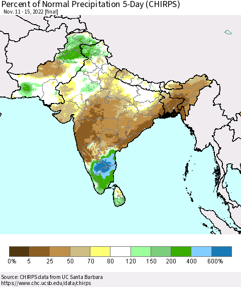 Southern Asia Percent of Normal Precipitation 5-Day (CHIRPS) Thematic Map For 11/11/2022 - 11/15/2022