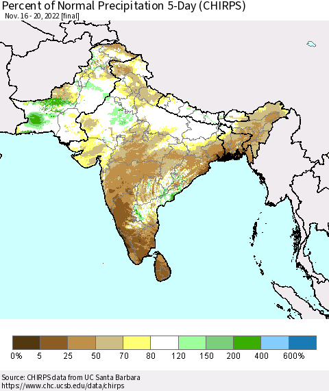 Southern Asia Percent of Normal Precipitation 5-Day (CHIRPS) Thematic Map For 11/16/2022 - 11/20/2022