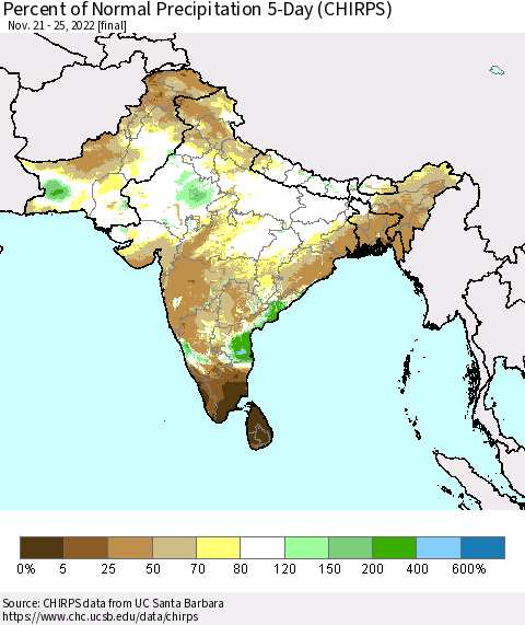 Southern Asia Percent of Normal Precipitation 5-Day (CHIRPS) Thematic Map For 11/21/2022 - 11/25/2022