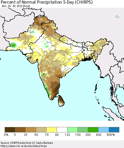 Southern Asia Percent of Normal Precipitation 5-Day (CHIRPS) Thematic Map For 11/26/2022 - 11/30/2022