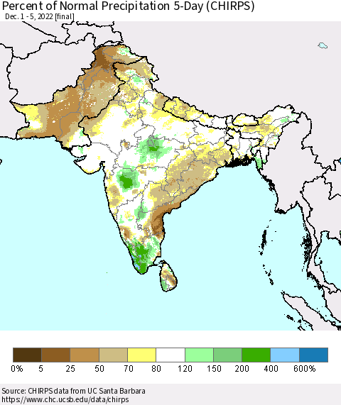 Southern Asia Percent of Normal Precipitation 5-Day (CHIRPS) Thematic Map For 12/1/2022 - 12/5/2022