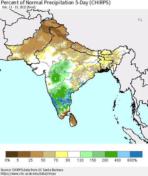 Southern Asia Percent of Normal Precipitation 5-Day (CHIRPS) Thematic Map For 12/11/2022 - 12/15/2022
