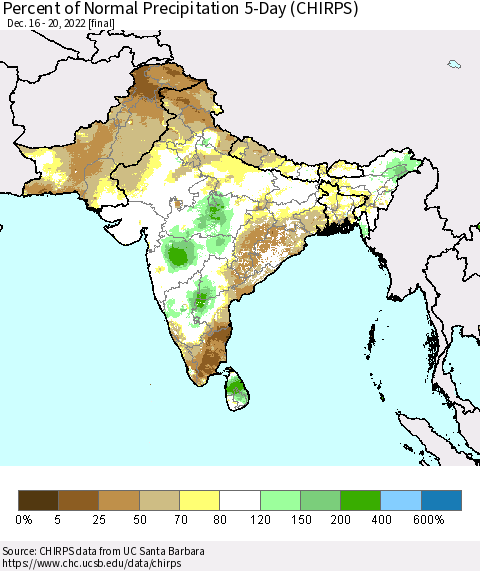 Southern Asia Percent of Normal Precipitation 5-Day (CHIRPS) Thematic Map For 12/16/2022 - 12/20/2022