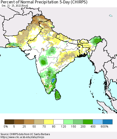 Southern Asia Percent of Normal Precipitation 5-Day (CHIRPS) Thematic Map For 12/21/2022 - 12/25/2022