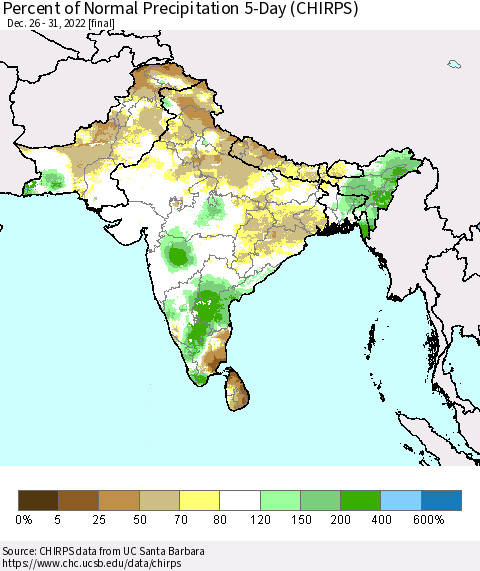 Southern Asia Percent of Normal Precipitation 5-Day (CHIRPS) Thematic Map For 12/26/2022 - 12/31/2022