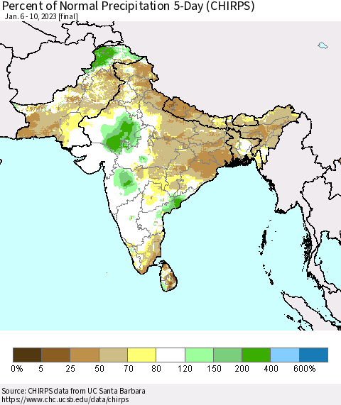 Southern Asia Percent of Normal Precipitation 5-Day (CHIRPS) Thematic Map For 1/6/2023 - 1/10/2023