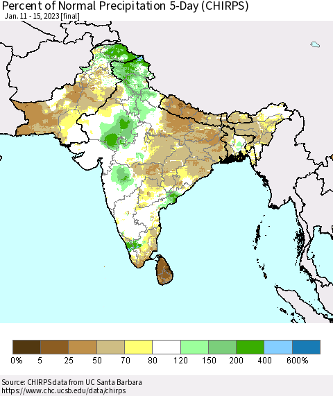 Southern Asia Percent of Normal Precipitation 5-Day (CHIRPS) Thematic Map For 1/11/2023 - 1/15/2023